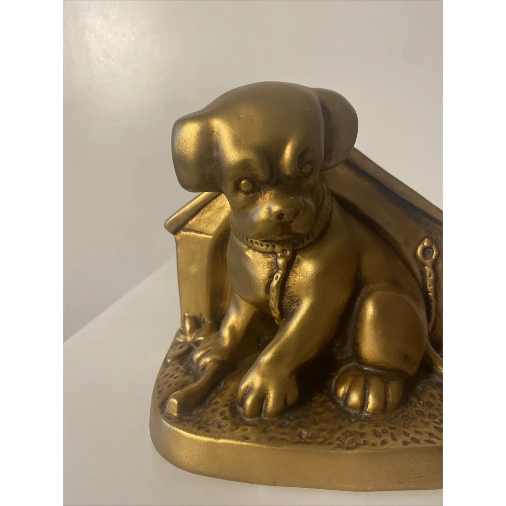 Gold Puppy Doghouse Bookends Vintage Chalkware Mid century